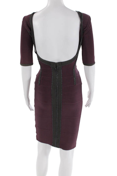 Herve Leger Womens Back Zip Short Sleeve Beaded Trim Stretch Dress Purple XS