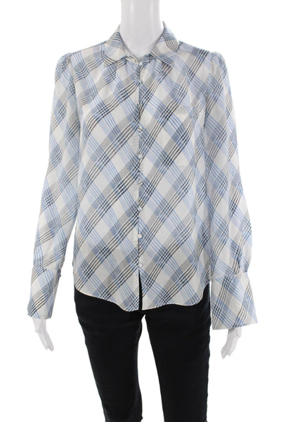 Joie Womens Button Front Long Sleeve Collared Silk Shirt White Blue Extra Small