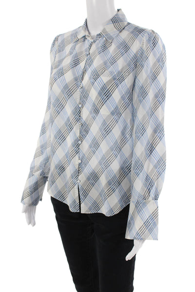 Joie Womens Button Front Long Sleeve Collared Silk Shirt White Blue Extra Small