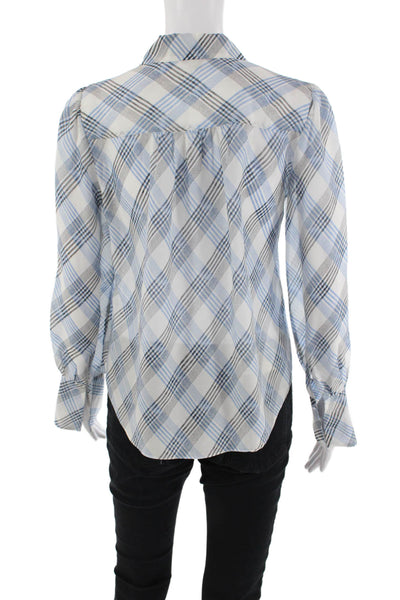 Joie Womens Button Front Long Sleeve Collared Silk Shirt White Blue Extra Small