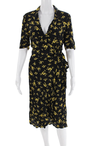 Ganni Womens Floral Print V-Neck Short Sleeve Wrap Dress Black Size 36