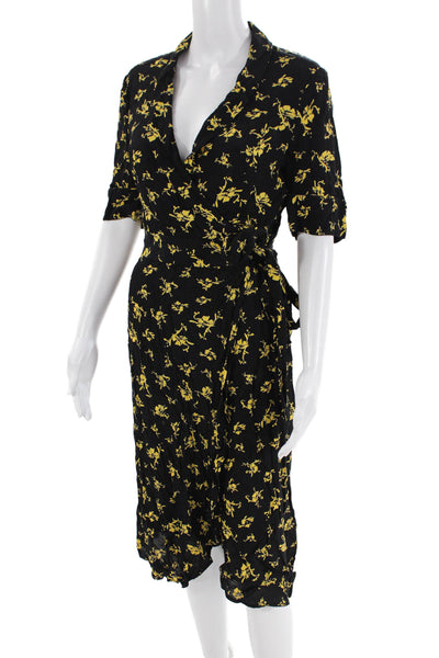 Ganni Womens Floral Print V-Neck Short Sleeve Wrap Dress Black Size 36