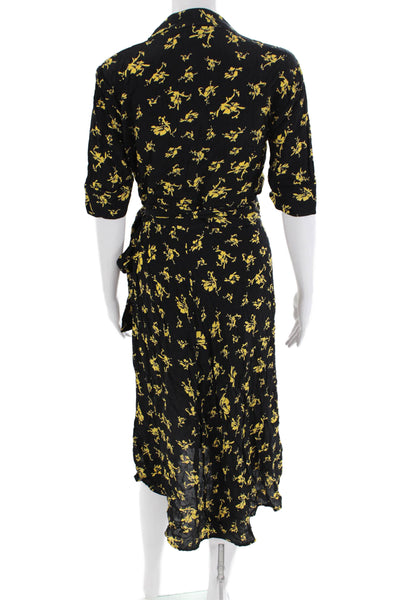 Ganni Womens Floral Print V-Neck Short Sleeve Wrap Dress Black Size 36