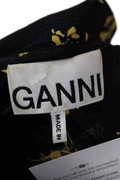 Ganni Womens Floral Print V-Neck Short Sleeve Wrap Dress Black Size 36
