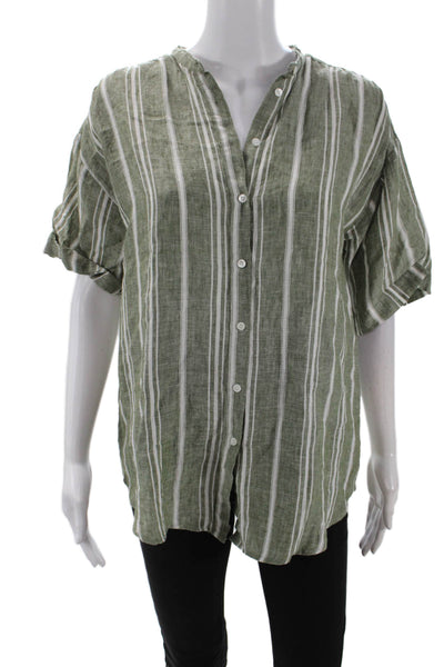 Hartford Womens Button Front Striped Linen Shirt Green White Size 2