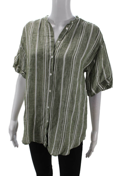 Hartford Womens Button Front Striped Linen Shirt Green White Size 2