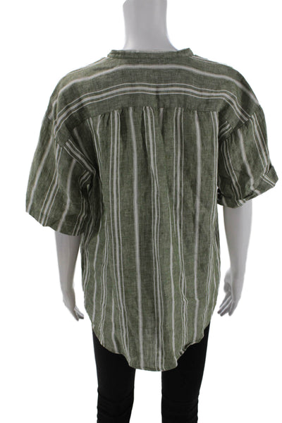 Hartford Womens Button Front Striped Linen Shirt Green White Size 2