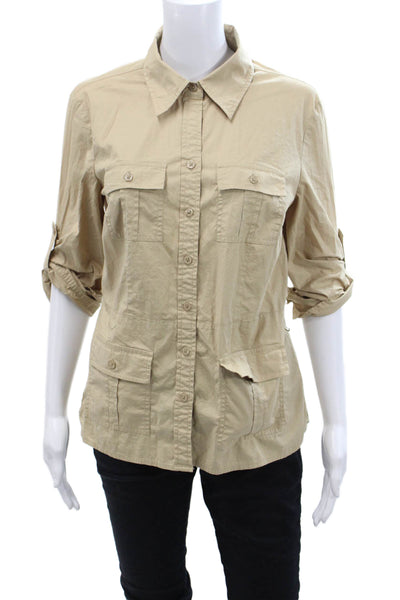 Michael Michael Kors Womens Cotton Collared Button-Down Shirt Beige Size M