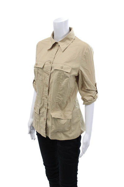 Michael Michael Kors Womens Cotton Collared Button-Down Shirt Beige Size M