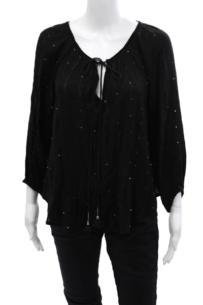 Z & L Womens Sequined Tied Y-Neck Long Sleeve Pullover Blouse Black Size L