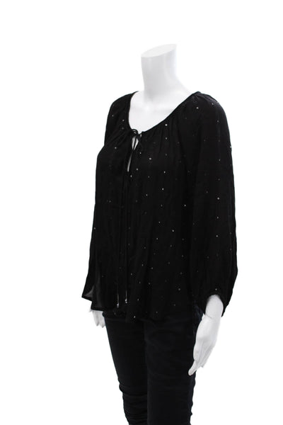 Z & L Womens Sequined Tied Y-Neck Long Sleeve Pullover Blouse Black Size L