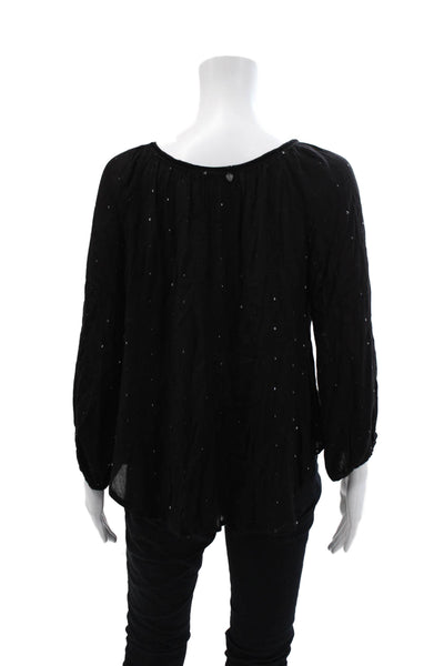 Z & L Womens Sequined Tied Y-Neck Long Sleeve Pullover Blouse Black Size L