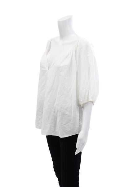Organic John Patrick Womens Cotton Short Sleeve V-Neck Blouse White Size L