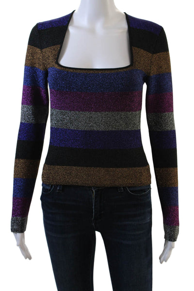 Ronny Kobo Womens Metallic Stretch Striped Long Sleeve Top Multicolor Size S