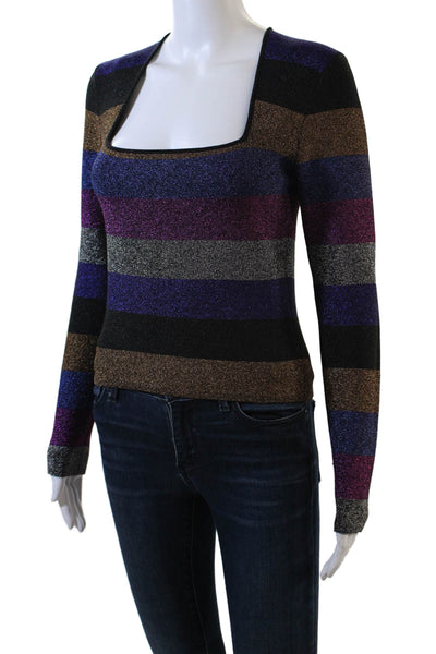 Ronny Kobo Womens Metallic Stretch Striped Long Sleeve Top Multicolor Size S
