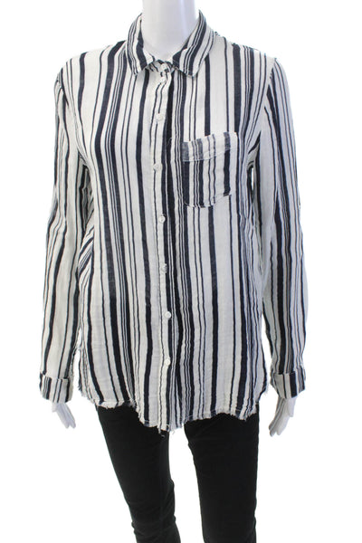 Stateside Womens Cotton Raw Hem Striped Button Down Shirt White Blue Size S
