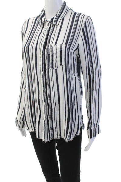 Stateside Womens Cotton Raw Hem Striped Button Down Shirt White Blue Size S