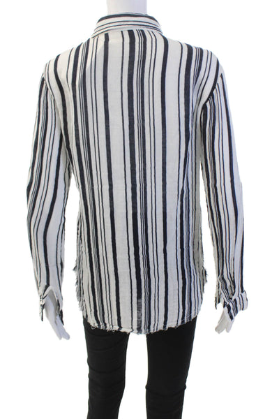 Stateside Womens Cotton Raw Hem Striped Button Down Shirt White Blue Size S