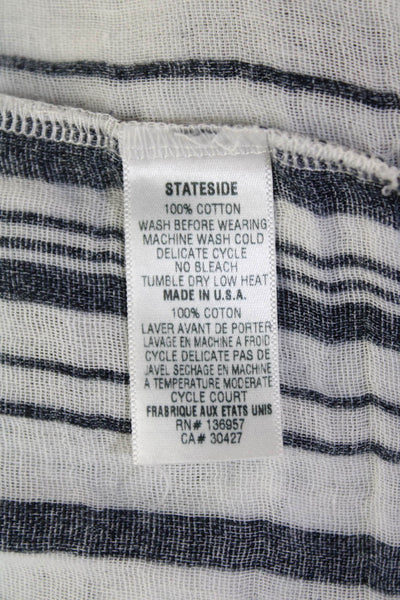 Stateside Womens Cotton Raw Hem Striped Button Down Shirt White Blue Size S