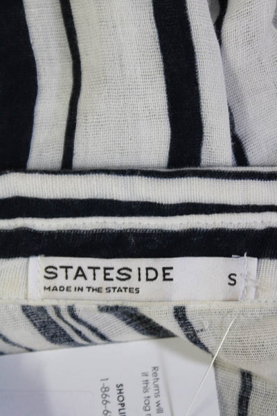 Stateside Womens Cotton Raw Hem Striped Button Down Shirt White Blue Size S