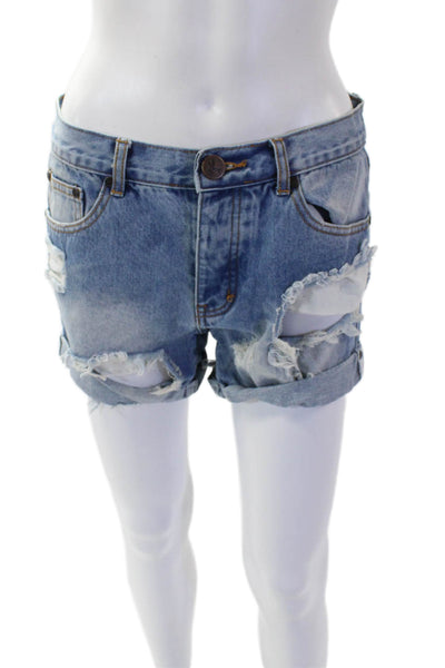 One by One Teaspoon Womens Cotton Distress Light Wash Denim Shorts Blue Size 24