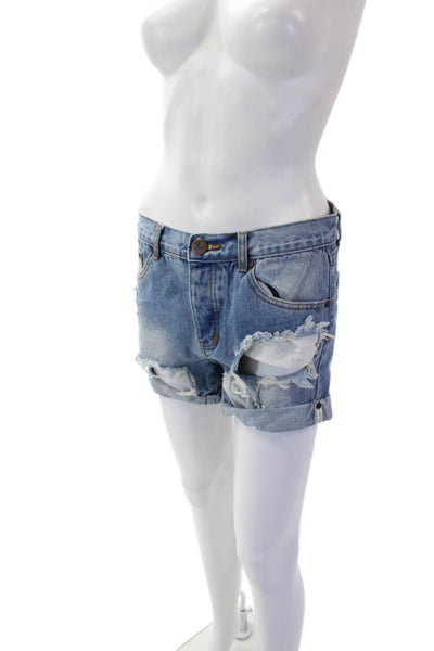 One by One Teaspoon Womens Cotton Distress Light Wash Denim Shorts Blue Size 24