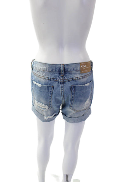 One by One Teaspoon Womens Cotton Distress Light Wash Denim Shorts Blue Size 24