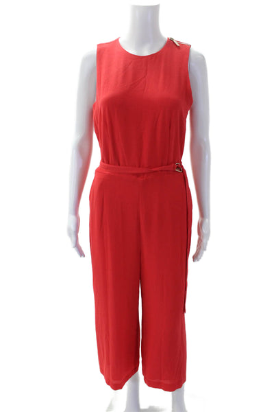 Michael Michael Kors Womens Solid Belted Zip Up Sleeveless Jumpsuit Red Size 6