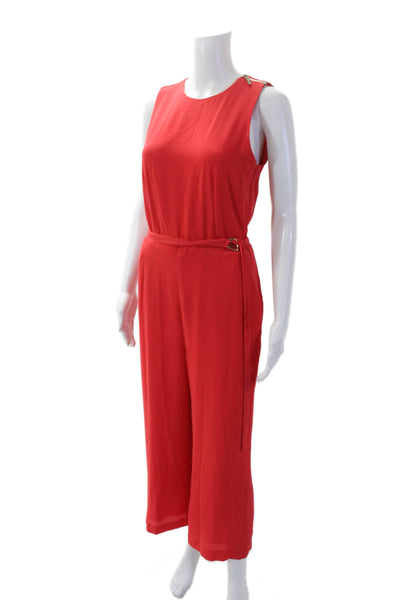 Michael Michael Kors Womens Solid Belted Zip Up Sleeveless Jumpsuit Red Size 6