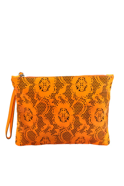 Christopher Kane Womens Textured Zip Lined Printed Squared Clutch Bag Orange OS