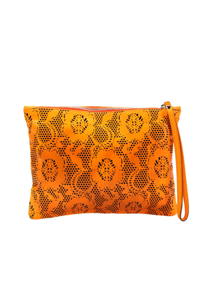 Christopher Kane Womens Textured Zip Lined Printed Squared Clutch Bag Orange OS