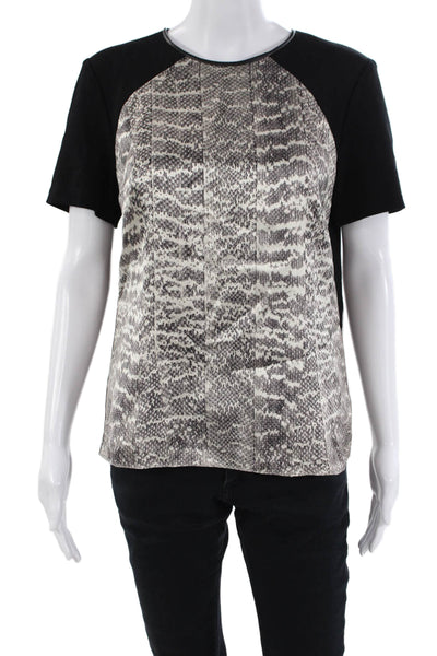 Jason Wu Womens Textured Round Neck Short Sleeve Zip Animal Print Top Black Size