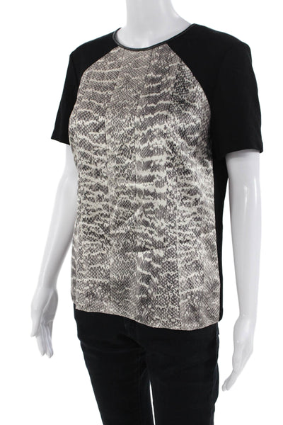 Jason Wu Womens Textured Round Neck Short Sleeve Zip Animal Print Top Black Size
