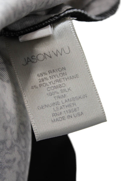 Jason Wu Womens Textured Round Neck Short Sleeve Zip Animal Print Top Black Size