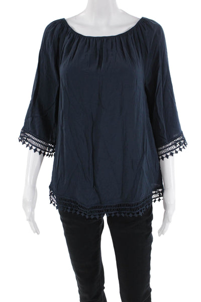 Tart Womens Textured Scoop Neck Short Sleeve Lace Trim Blouse Blue Size XS