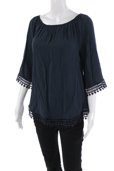 Tart Womens Textured Scoop Neck Short Sleeve Lace Trim Blouse Blue Size XS