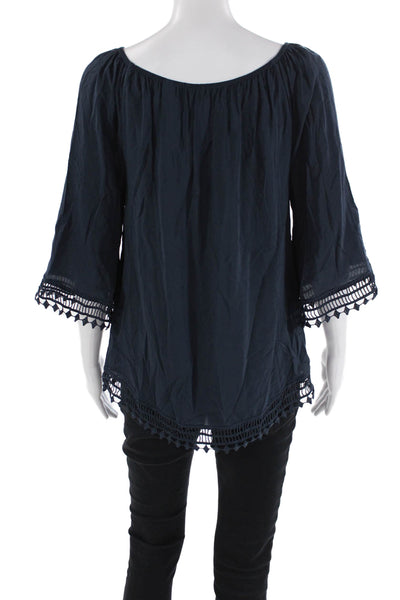 Tart Womens Textured Scoop Neck Short Sleeve Lace Trim Blouse Blue Size XS