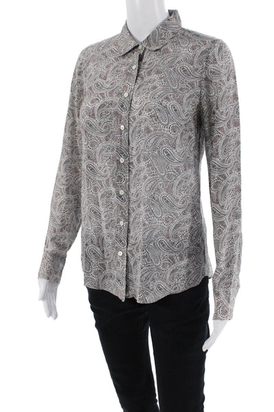 J Crew Womens Silk Long Sleeve Button Up Pattern Blouse Gray Size 02