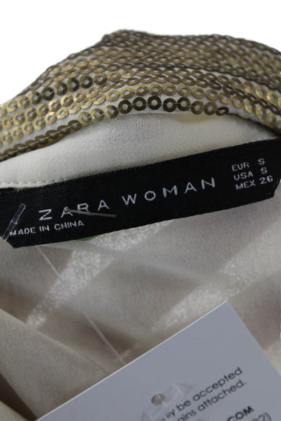 Zara Woman Womens Long Sleeve Button Up Sheer Sleek Blouse Cream Size S