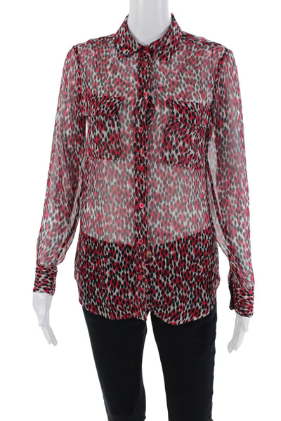 Equipment Femme Womens Silk Long Sleeve Button Up Animal Print Top Red Size XS