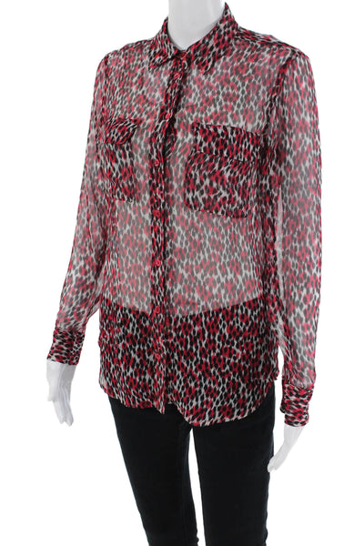 Equipment Femme Womens Silk Long Sleeve Button Up Animal Print Top Red Size XS