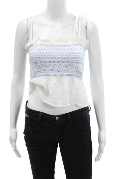 Free People Womens Spaghetti Strap Square Neck Smocked Top White Blue Size XS