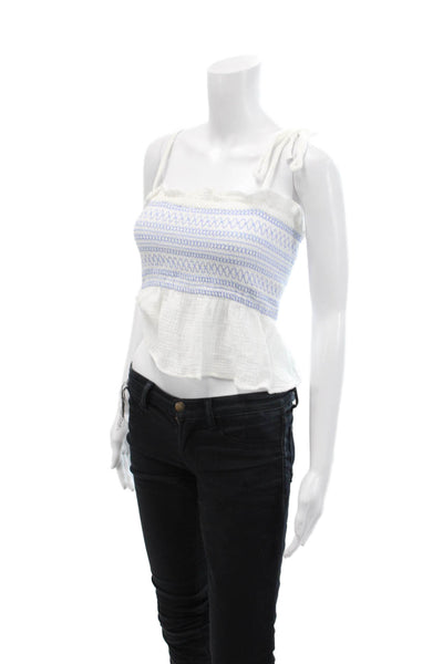 Free People Womens Spaghetti Strap Square Neck Smocked Top White Blue Size XS