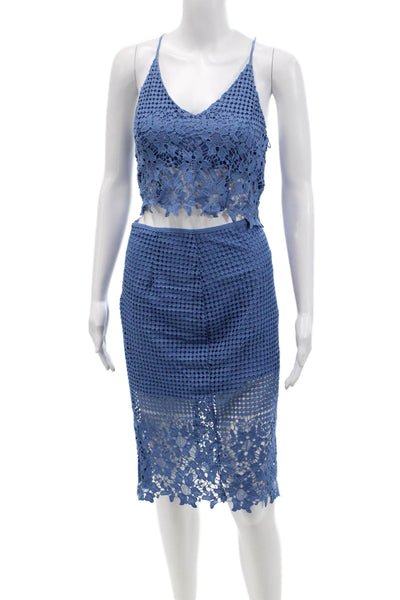 ASTR Womens Spaghetti Strap Lace Overlay Top Skirt Set Blue Size XS