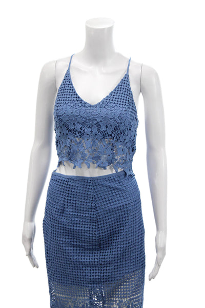 ASTR Womens Spaghetti Strap Lace Overlay Top Skirt Set Blue Size XS