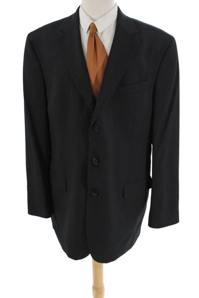 Stafford Mens Three Button Wide Lapel Blazer Jacket Black Wool Size 44 Long
