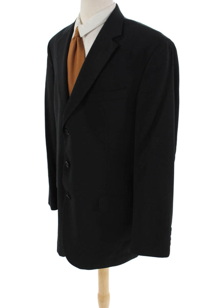 Stafford Mens Three Button Wide Lapel Blazer Jacket Black Wool Size 44 Long