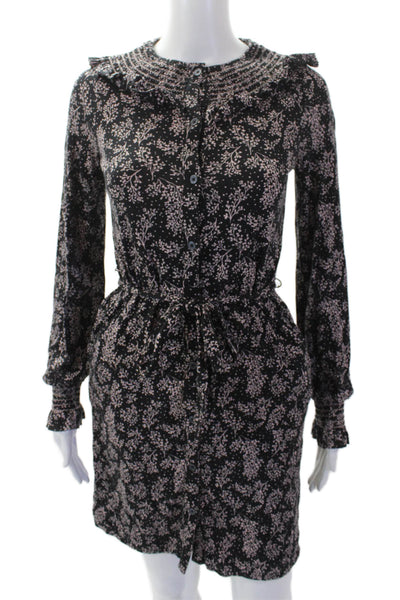 Boden Womens Textured Long Sleeve Button Floral Print Belt Top Black Size 02