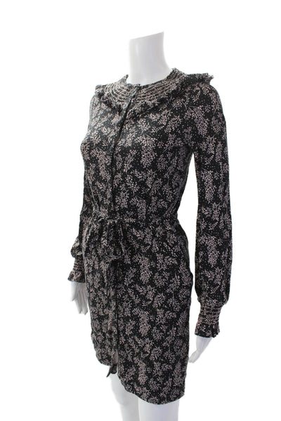 Boden Womens Textured Long Sleeve Button Floral Print Belt Top Black Size 02