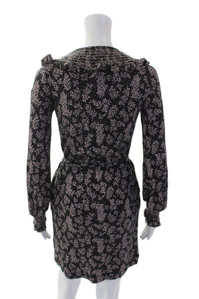 Boden Womens Textured Long Sleeve Button Floral Print Belt Top Black Size 02